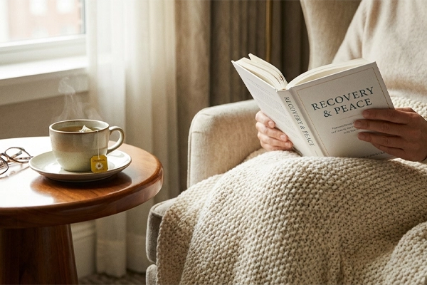 Patientin liest entspannt in einem Sessel in der Klinik am Schellenturm